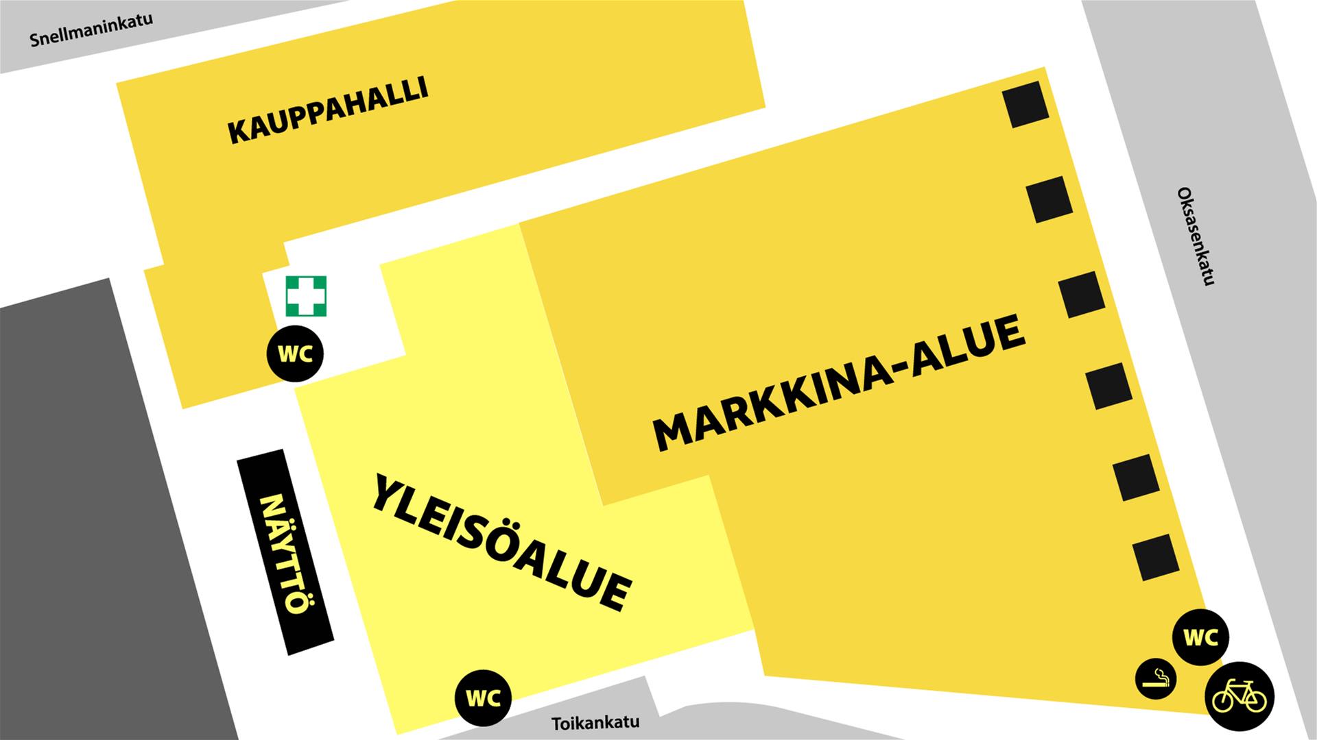 Karttakuva yleisöalueesta ja markkina-alueesta kauppatorilla kisakatsomon aikaan.